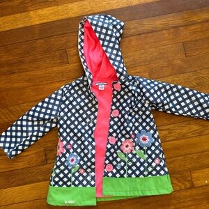 Children's Checkered Hooded Raincoat with Floral Design